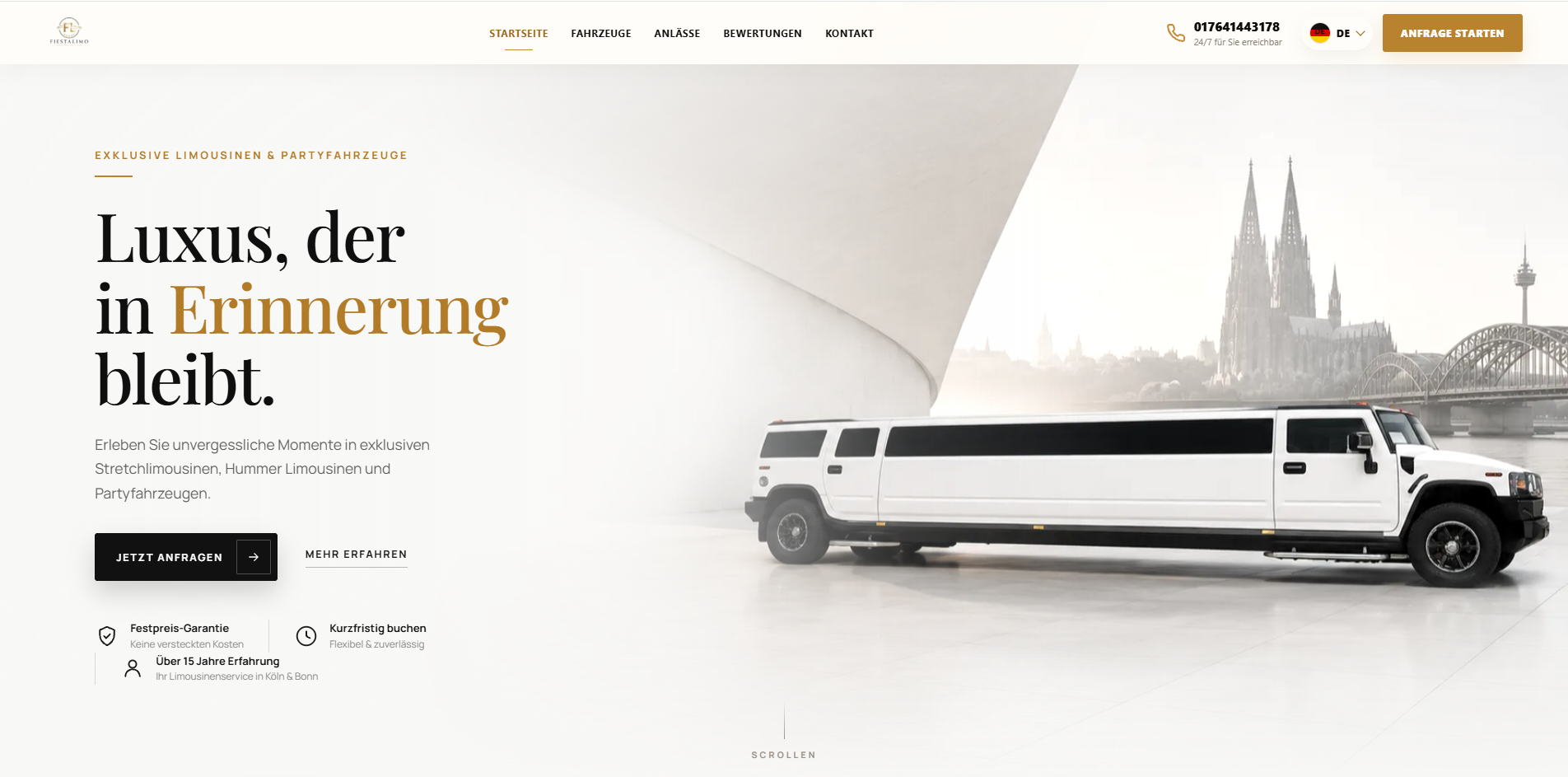 Fiestalimo Website Relaunch mit Hummer Stretchlimousine vor der Kölner Skyline